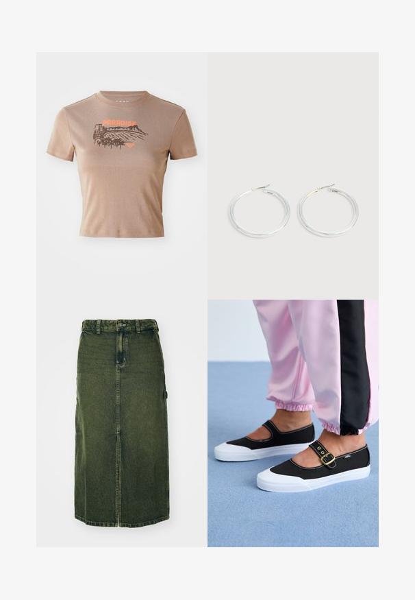 Bruine katoenen T-shirt, korte mouwen, ronde hals. De voorkant heeft een "PARADISE" grafiek in oranje met een landschap en palmbomen ontwerp.; Groene denim rok met een middellange snit, een voorklep, knoopsluiting en riemlussen. De textuur is licht vervaagd, met zijzakken.; Zwarte canvas schoenen met een witte zool, met een uitgesneden ontwerp en een gouden gespband. Draagt met roze joggingsbroek.; Een paar glanzende zilveren oorringen met dunne draadafsluitingen, getoond op een lichtgrijze achtergrond.