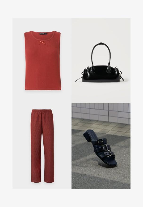 Rotes geripptes ärmelloses Oberteil mit einem runden Ausschnitt und einem kleinen Schleifenakzent in der Mitte vorne, bietet eine glatte Textur und eine taillierte Form.; Rote weite Hosen mit weitem Bein aus strukturiertem Stoff mit wellenartigem Muster; verfügt über einen elastischen Bund und eine lockere Passform.; Schwarze Mule-Sandale mit offenem Zehenbereich, drei Schnallenriemen und niedrigem Blockabsatz, die auf einer Asphaltfläche nahe einem gepflasterten Gehweg steht.; Kleine schwarze glänzende Handtasche mit zwei langen Griffen und seitlichen Kordelzug-Details vor einfachem hellem Hintergrund.
