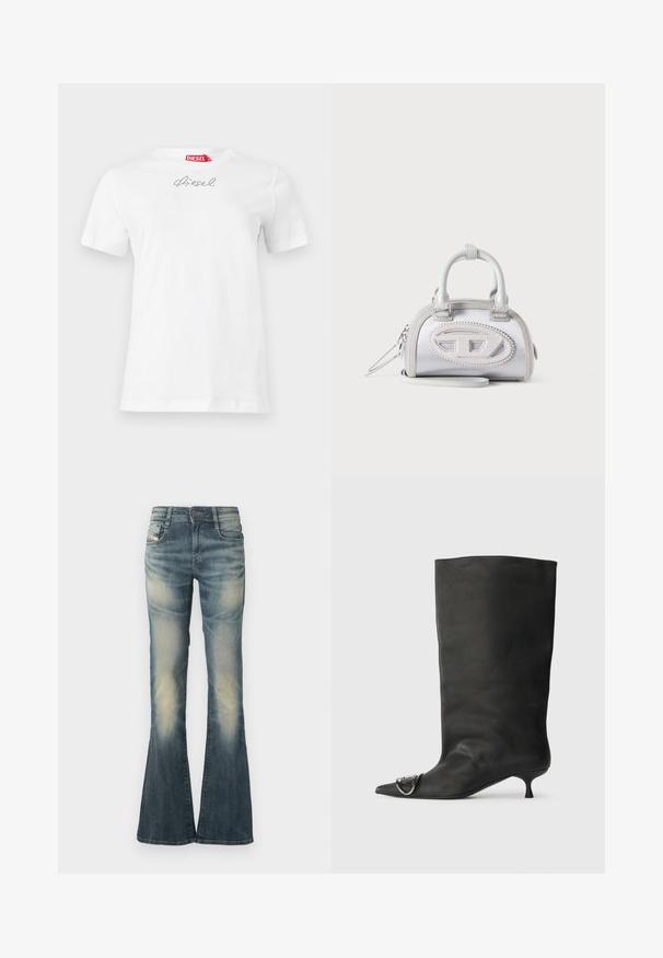 T-shirt blanc à manches courtes Diesel avec un petit logo Diesel en strass centré près de l'encolure et une étiquette rouge à l'intérieur du col.; Jean en denim évasé bleu délavé avec de légères usures. Dispose d'une fermeture à bouton à l'avant, de cinq poches et d'une taille mi-haute.; Bottines en cuir noir à bout pointu, petite talon et détail métallique sur le bout. Texture lisse et mate partout.; Petit sac à main blanc avec double poignée, logo ovale cousu à l'avant et bracelet de poignet détachable sur fond clair.
