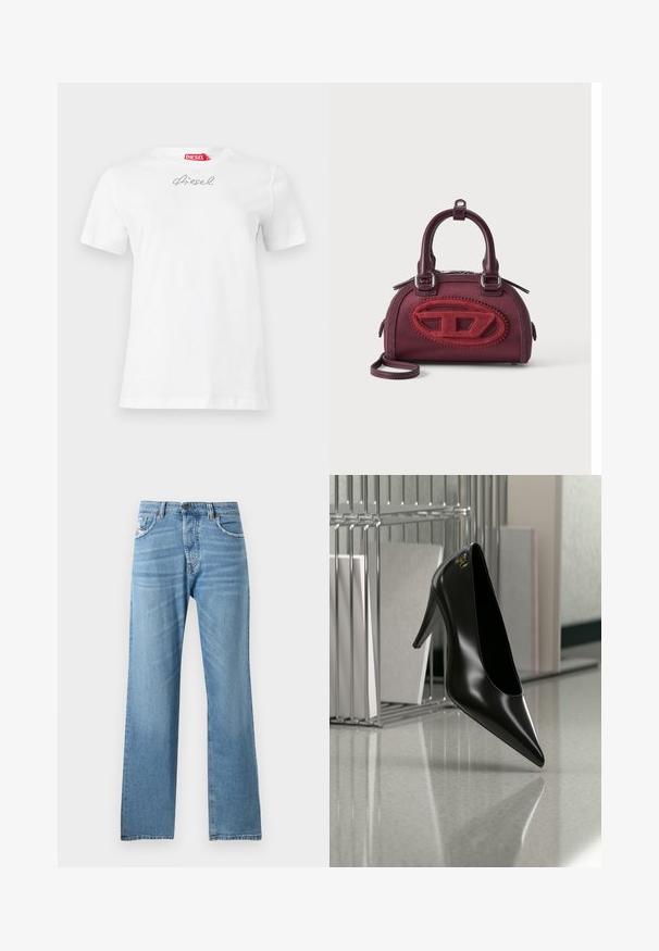 T-shirt blanc à manches courtes Diesel avec un petit logo Diesel en strass centré près de l'encolure et une étiquette rouge à l'intérieur du col.; Jeans en denim bleu clair avec une coupe droite, dotés d'une taille standard, de cinq poches et d'un léger dégradé sur le tissu.; Chaussure noire à talon haut avec bout pointu et logo doré, posée sur une surface réfléchissante près d'un organiseur de dossiers en fil chromé contenant des documents.; Petit sac à main bordeaux à forme arrondie, avec double poignée et grand logo ovale rouge texturé sur le devant, sur fond uni.