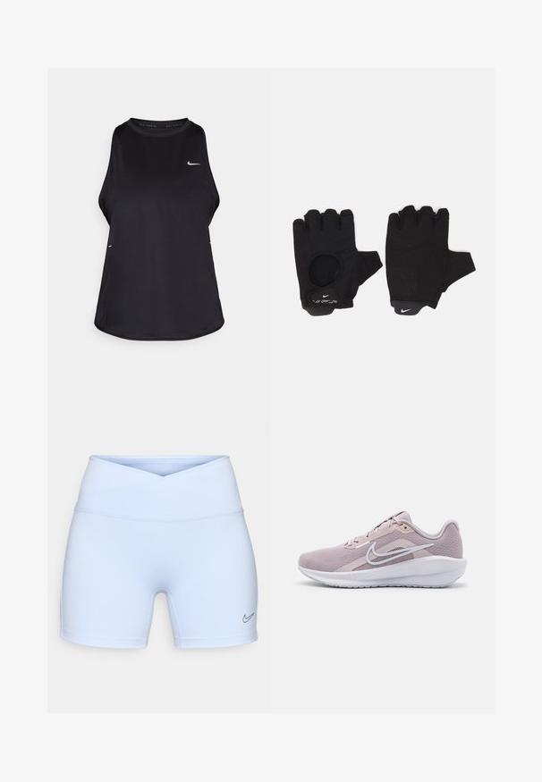 Débardeur de course sans manches noir, fabriqué dans un matériau léger, avec un col rond ; présente un logo discret et des fentes sur les côtés pour une meilleure respirabilité.; Shorts de sport bleu clair avec une large ceinture croisée, une texture lisse et un petit logo Nike noir en bas à droite.; Baskets de sport rose clair avec une tige en mesh respirante, des accents blancs, un col rembourré et une semelle en caoutchouc texturé pour une meilleure adhérence.; Gants sans doigts noirs avec un design texturé. Fabriqués en matériau respirant, dotés d'un trou pour le pouce et d'une paume renforcée pour une meilleure prise.