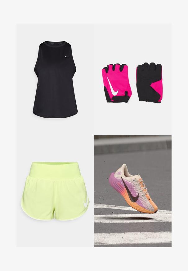 Svart ermeløs løpe-trøye laget av lett materiale med rund hals; har en subtil logo og sideslitser for pusteevne.; Dame Nike løpeshorts i lys neon gul, med glatt tekstur, bred elastisk midjebånd og en hvit logo på venstre side.; Lett løpesko med rosa, oransje og beige gradientstrikk, svart Nike-swoosh, svevende midt i luften over grov asfalt med hvite veimerkinger.; Korte rosa hansker med sorte detaljer, med et hvitt Nike-logo, polstrede håndflater og fingerløst design for bedre grep og fleksibilitet.