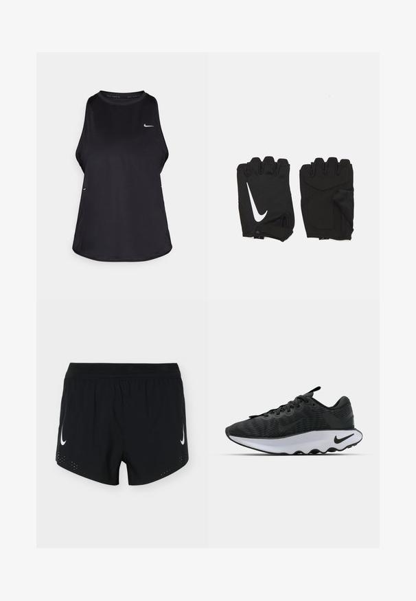 Débardeur de course sans manches noir, fabriqué dans un matériau léger, avec un col rond ; présente un logo discret et des fentes sur les côtés pour une meilleure respirabilité.; Shorts de sport noirs avec une ceinture élastique, logos Nike swoosh blancs sur les deux jambes, et petits trous de ventilation près de l'ourlet.; Des chaussures de sport noires avec une tige texturée, dotées d'un intercalaire blanc et d'accents noirs. Bout arrondi et col rembourré pour plus de confort.; Gants de gym sans doigts noirs en tissu respirant, avec un logo blanc Nike, des paumes rembourrées et un design ouvert au niveau du poignet pour plus de flexibilité.