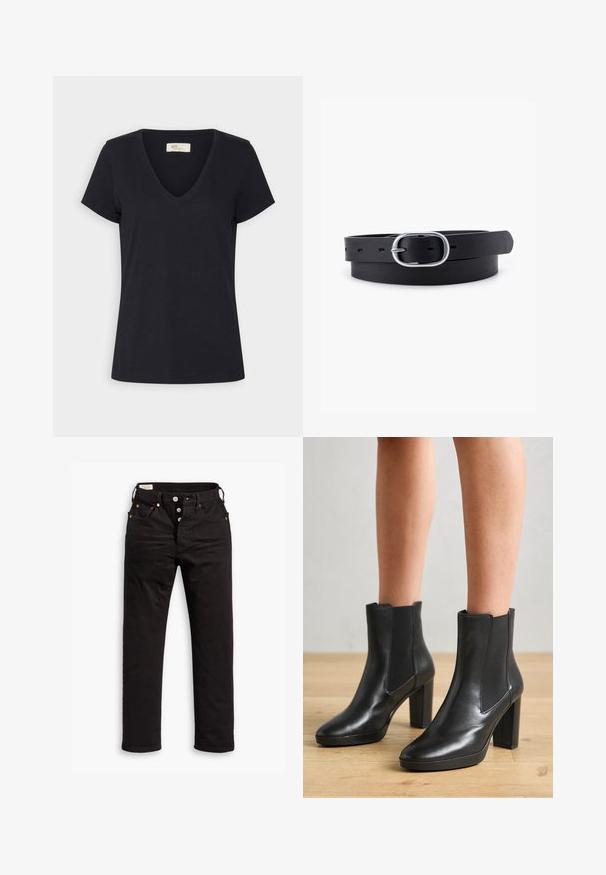 T-shirt noir à manches courtes avec col en V, ourlet droit et petite étiquette de marque à l'intérieur du col.; Jean noir à jambe droite avec fermeture à boutons, poches avant et arrière, et détails en rivets cuivrés sur fond blanc.; Bottes noires en cuir jusqu'aux chevilles avec un talon carré, dotées de panneaux latéraux élastiques, d'une texture lisse et d'une silhouette épurée.; Ceinture en cuir noir au toucher lisse, boucle en métal argenté de forme ovale et plusieurs trous d'ajustement le long de la sangle. Design plat et minimal.