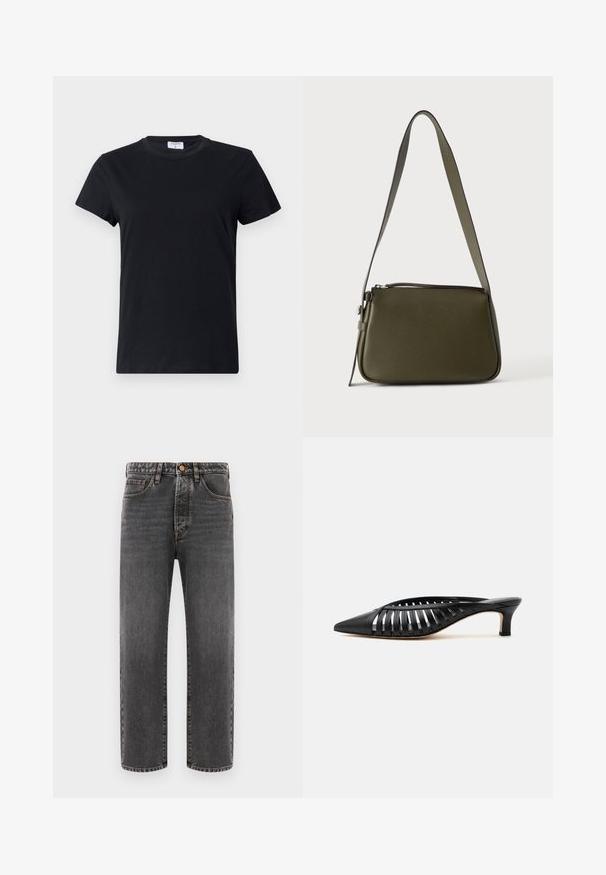 T-shirt noir à manches courtes en coton, avec un col rond et une texture simple et lisse, sans motif imprimé ni accents.; Jean en denim gris foncé, avec une coupe droite, cinq poches et des accents de couture visibles. Fermeture à bouton à la taille.; Mule en cuir noir avec bout pointu, design découpé à brides et petit talon kitten sur fond blanc.; Sac à bandoulière en cuir vert olive avec fermeture éclair et sangle réglable sur un fond uni clair.