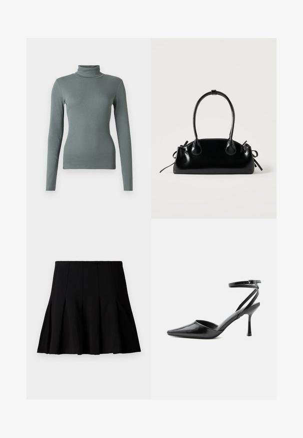 Μακρυμάνικη μπλούζα turtleneck από απαλό, υφαντό πράσινο ριπ ύφασμα. Άνετη γραμμή με ψηλό γιακά και ραφή χωρίς ραφές σε όλη την κατασκευή.; Μαύρη κοντή πλισέ φούστα κατασκευασμένη από απαλό ύφασμα. Διαθέτει ελαστική μέση και φαρδιά σιλουέτα που επεκτείνεται μέχρι το μέσο του μηρού.; Μαύρη γόβα μυτερή με λεπτά λουράκια στον αστράγαλο και ασημένια πόρπη σε απλό ανοιχτό φόντο.; Μικρή μαύρη γυαλιστερή τσάντα με δύο μακριές λαβές και λεπτομέρειες με ρυθμιζόμενο κορδόνι στο πλάι σε απλό ανοιχτό φόντο.