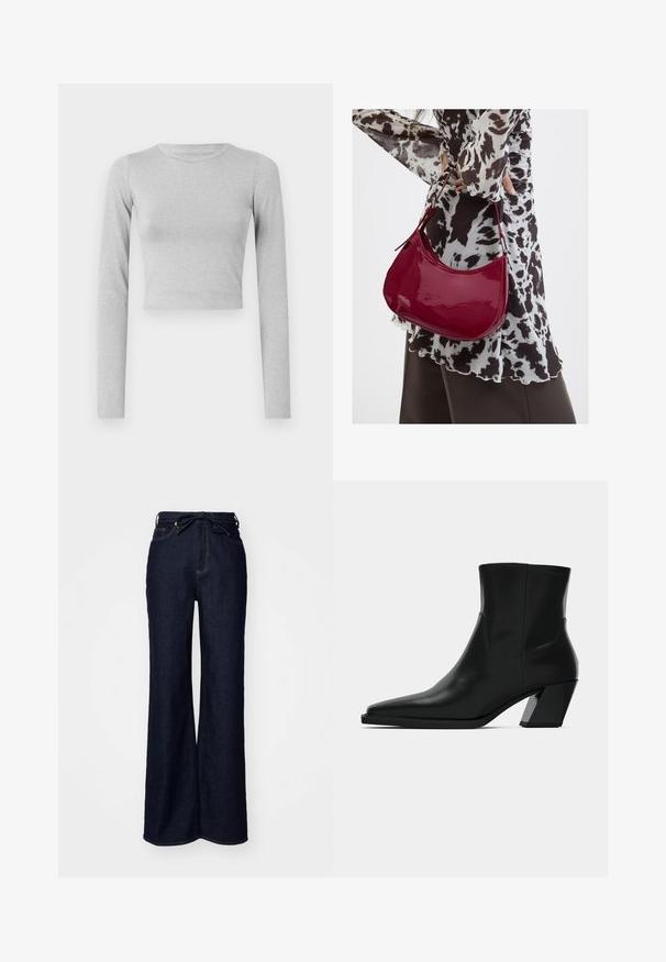 Lys grå cropped langærmet top lavet af et strækmateriale, med en enkel rund halsudskæring og en glat tekstur.; Mørkeblå brede bukser lavet af denim, med høj talje, forlommer og en bindebåndslukning i taljen.; Sortlæder ankelstøvle med spids tå, en slank silhuet og en kraftig firkantet hæl. Glat tekstur med minimale stikninger.; Kvinde iført en sort- og hvidmønstret bluse, der holder en blank rød skuldertaske mod en ensfarvet baggrund.