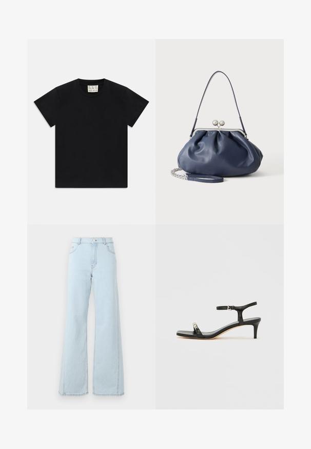 T-shirt noir à manches courtes avec col rond, portant une étiquette blanche à l'intérieur du col étiquetée "D.R.C. EST. 2002" sur fond blanc.; Des jeans en denim bleu clair à taille haute, à jambes larges, avec des poches avant et des détails de couture visibles sur les coutures et l'ourlet.; Sandale noire en cuir à talon avec bride à la cheville, bout ouvert, devant carré et accent en métal argenté. Design ajusté avec un profil élégant.; Sac à main en cuir bleu marine doux avec fermeture à boucle argentée, une seule bandoulière, et une chaîne de poignet amovible sur fond blanc.