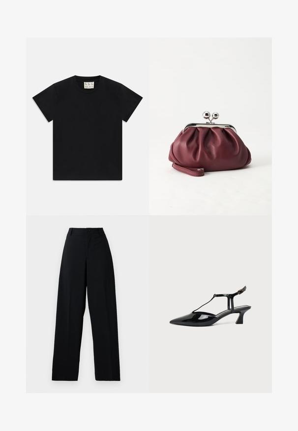 T-shirt noir à manches courtes avec col rond, portant une étiquette blanche à l'intérieur du col étiquetée "D.R.C. EST. 2002" sur fond blanc.; Pantalons noirs taille haute à larges jambes avec bouton et fermeture éclair, passants de ceinture et finition en tissu lisse et propre.; Chaussure slingback en cuir verni noir à bout pointu avec bride en T et petit talon bloc incliné sur fond blanc.; Petit sac pochette en cuir bordeaux avec fermoir métallique argenté et bracelet sur fond blanc.