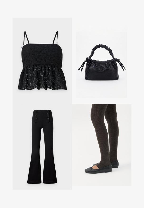 Haut en dentelle noire à peplum avec des bretelles fines et ajustables, présentant un motif floral texturé et un ourlet évasé. Doublure lisse visible en dessous.; Pantalons évasés noirs en denim avec une taille haute, ornés de quatre boutons décoratifs à l'avant et d'une texture lisse.; Jambes portant des leggings côtelés foncés associés à des ballerines noires avec de petits détails en nœud sur fond blanc.; Sac à main noir avec texture crocodile, bord supérieur froncé, poignée plissée et pompons à cordon de chaque côté sur fond blanc.
