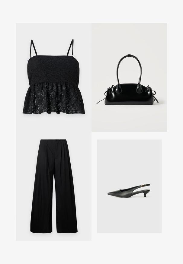 Haut en dentelle noire à peplum avec des bretelles fines et ajustables, présentant un motif floral texturé et un ourlet évasé. Doublure lisse visible en dessous.; Pantalons larges noirs à taille haute, dotés de plis verticaux et d'une fermeture à bouton. Texture lisse, design minimaliste.; Chaussure slingback noire à bout pointu en cuir lisse. Présente un talon fin et un détail de boucle sur la sangle réglable.; Petit sac à main noir brillant avec deux longues anses et des détails à cordon sur les côtés sur un fond clair uni.