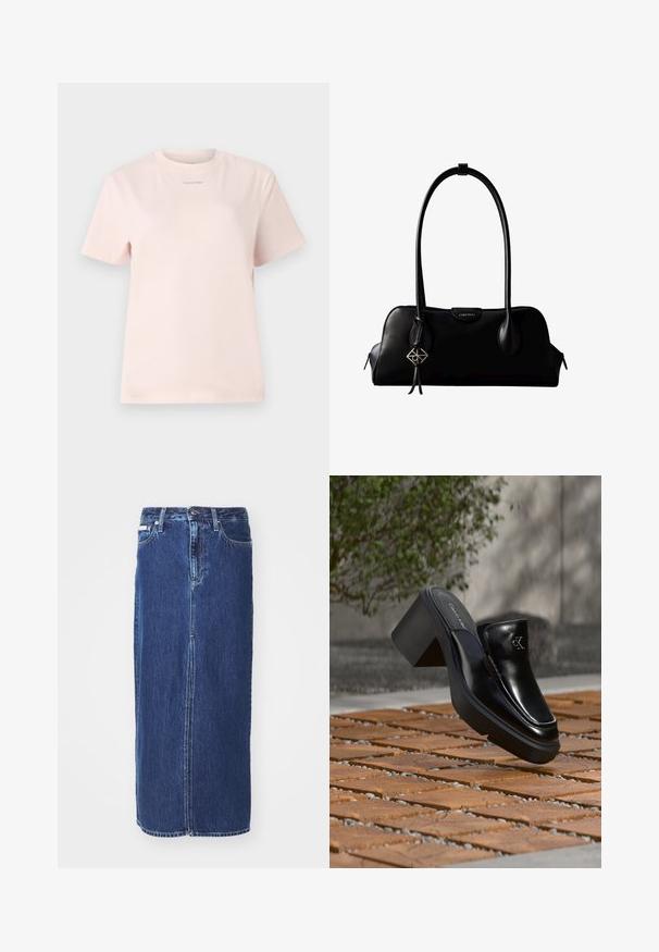 Helles rosa Baumwoll-T-Shirt mit Rundhalsausschnitt, kurzen Ärmeln und einem kleinen, im passenden Farbton auf der Brust bedruckten "Calvin Klein"-Logo.; Denimrock in Dunkelblau, knielang, mit einem vorderen Schlitz, traditionellem Bund und Fünf-Taschen-Design mit kontrastierenden Nähten.; Schwarze Leder-Slip-on-Mule von Calvin Klein mit Blockabsatz, die auf Holzfliesen im Freien nahe einer grünen Pflanze und einer grauen Wand ruht.; Schwarze Lederhandtasche von Calvin Klein mit langen Henkeln, einem vorderen Logo-Tag und einem silbernen geometrischen Anhänger, der an einem Henkel hängt.