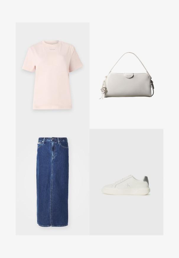 Lichtroze katoenen t-shirt met een ronde hals, korte mouwen, en een klein "Calvin Klein" logo gedrukt in een bijpassende kleur op de borst.; Donkerblauwe denim rok tot op de knie, met een vooruitsnijding, traditionele tailleband en vijf zakken met contrasterende stiksels.; Witte sneaker van leer met een gladde textuur, featuring een zilveren accent op de hiel, een platte zool en een minimalistisch ontwerp.; Witte rechthoekige Calvin Klein handtas met enkele handgreep, minimalistisch ontwerp en decoratieve kwastjes met geometrische metalen hanger aan de zijkant.