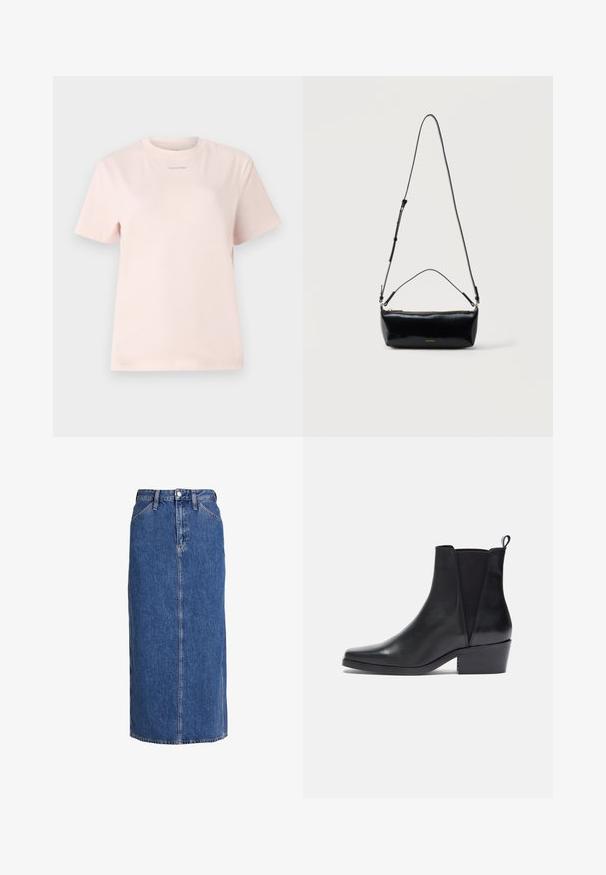 Heled roosa puuvillane T-särk ümmarguse kaeluse, lühikeste varrukatega ja rinnal väikese samasuguse värvi "Calvin Klein" logo trükiga.; Keskmise sinise värvi denim midi seelik sirge lõikega, ees nupuga kinnitamine, kaks külgtaskut ja nähtav õmblemine tekstuuri jaoks.; Zign Klassikalised poolsaapad - black; Mustast nahast ristkoha kott reguleeritava õlarihma, pealmise tõmblukuga ja väikese kuldse Calvin Kleini logoga ees.