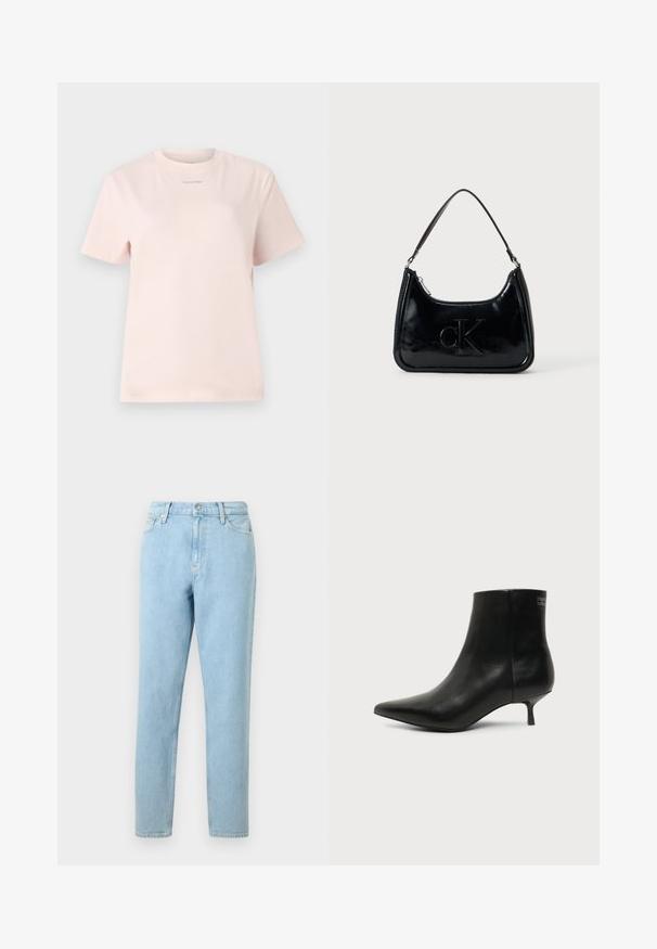 Lyserød bomulds t-shirt med rund hals, korte ærmer og et lille "Calvin Klein" logo trykt i en matchende farve på brystet.; Lyseblå denimjeans med lige ben, femlommers design og knaplukning. Har subtilt slid og en glat tekstur.; Sort læder ankelstøvle med spids tå og lav kitten hæl på lys baggrund, der viser yderside.; Sort patentlæder håndtaske med et buet topgreb, lynlåsslukning og prægede "cK" logo på fronten. Glat tekstur, struktureret form.