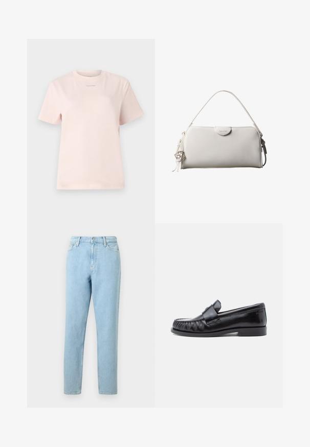 Lyserød bomulds t-shirt med rund hals, korte ærmer og et lille "Calvin Klein" logo trykt i en matchende farve på brystet.; Lyseblå denimjeans med lige ben, femlommers design og knaplukning. Har subtilt slid og en glat tekstur.; Sorte læderloafers med rundet tå, karakteristisk syning og en dekorativ rem over vampen. Glat finish og lav hæl.; Hvid rektangulær Calvin Klein håndtaske med enkelt håndtag, minimalistisk design og dekorative kvaster med geometrisk metalvedhæng på siden.