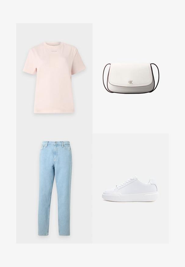 Lyserød bomulds t-shirt med rund hals, korte ærmer og et lille "Calvin Klein" logo trykt i en matchende farve på brystet.; Lyseblå denimjeans med lige ben, femlommers design og knaplukning. Har subtilt slid og en glat tekstur.; Hvid lavtop-sneaker med snørelukning, tyk sål og glat overdel, vist fra ydersiden mod en ensartet lys baggrund.; Hvid skuldertaske med klaplukning, lille sølv "cK" logo i midten og tynd, justerbar, mørkebrun rem.