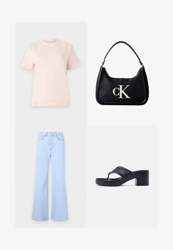 Svetloružové bavlnené tričko s okrúhlym výstrihom, krátkymi rukávmi a malým logom "Calvin Klein" natlačeným v zodpovedajúcej farbe na hrudi.; Svetlomodré rozšírené džínsy s vysokým pásom, obsahujúce päť vreciek, zapínanie na gombík a hladkú denimovú textúru. Okraje sú precízne prešité.; Čierna šľapka na podpätku s hrubým podpätkom a širokým sieťovinovým remienkom cez nohu na jednoduchom svetlom pozadí.; Čierna kožená kabelka cez rameno so strieborným zipsom a bielym logom "cK" umiestneným v strede na prednej strane.
