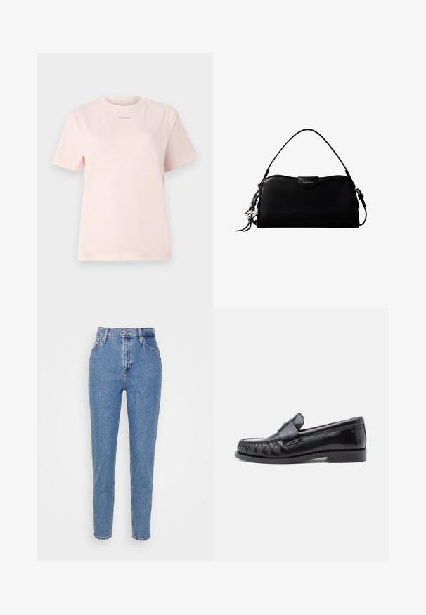 Helles rosa Baumwoll-T-Shirt mit Rundhalsausschnitt, kurzen Ärmeln und einem kleinen, im passenden Farbton auf der Brust bedruckten "Calvin Klein"-Logo.; Blaue hochtaillierte gerade Jeans mit verdecktem Knopf und Reißverschluss, Gürtelschlaufen und Taschen, vor einem schlichten weißen Hintergrund präsentiert.; Schwarze Leder-Loafer mit abgerundetem Zehenbereich, markanter Naht und einem dekorativen Riemen über dem Vorderblatt. Glatte Oberfläche und niedriger Absatz.; Schwarze, rechteckige Calvin Klein Handtasche mit einem einzelnen Tragegriff oben, silbernem Logo-Anhänger und kleinem Klappverschluss auf der Vorderseite.