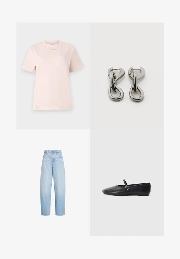 Heled roosa puuvillane T-särk ümmarguse kaeluse, lühikeste varrukatega ja rinnal väikese samasuguse värvi "Calvin Klein" logo trükiga.; Hele sinised kõrge vöökohaga sirge säärega teksad, ees taskud, vööaugud ja nööpidega kinnitamine.; Mustadest nahast balletitaldud, millel on terav nina, lame tald ja väike rihm koos hõbedase detailiga.; Hõbedatoonides metallist kõrvarõngad abstraktse üksteisega põimunud aasade disainiga valgel taustal.
