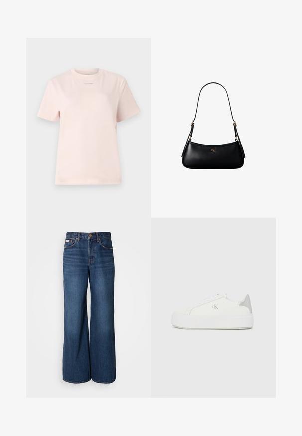 Heled roosa puuvillane T-särk ümmarguse kaeluse, lühikeste varrukatega ja rinnal väikese samasuguse värvi "Calvin Klein" logo trükiga.; Tumedast denimist valmistatud laiade jalgadega teksad. Omavad kõrget vöökohta, viit taskut ning kontrastset oranži õmblust õmblustel.; Valged kangast tennisekingad paksu valge tallaga, millel on metallist hõbedane aksent kandadel ja tagasihoidlik logodetail küljel.; Mustast nahast väike õlakott õhukese rihmaga ja väikese kuldse CK logoga esikülje keskel.