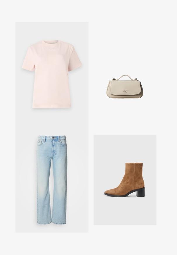 Svetloružové bavlnené tričko s okrúhlym výstrihom, krátkymi rukávmi a malým logom "Calvin Klein" natlačeným v zodpovedajúcej farbe na hrudi.; Svetlomodré široké džínsy vyrobené z denimu, s klasickým päť-pocket dizajnom a jemnou vyblednutou textúrou. Švy z denimu sú viditeľné.; Hnedé semišové kotníkové čižmy s špicatou špičkou, stredne vysokým blokovým opätkom a jemným embosovaným logom. Zips na bočnej strane.; Malá béžová kožená kabelka s horným držadlom a strieborným logom CK na prednej chlopni, zobrazená na bielom pozadí.