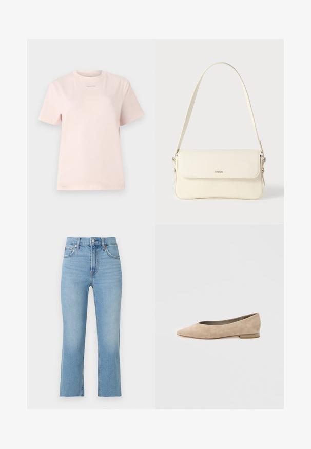 Lichtroze katoenen t-shirt met een ronde hals, korte mouwen, en een klein "Calvin Klein" logo gedrukt in een bijpassende kleur op de borst.; Lichtblauwe spijkerbroek met rechte pijp, knoopsluiting aan de voorkant, riemlussen en vijf zakken tegen een effen witte achtergrond.; Beige suède damesschoen met platte zool, een puntige neus en een kleine hak, zijaanzicht op een lichte effen achtergrond.; Schoudertas van crèmegekleurd leer met een klepafsluiting, zilverkleurige hardware, een enkele verstelbare riem en subtiele logodetails.