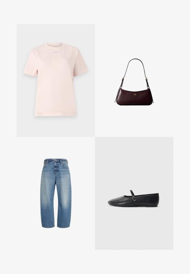 Svetloružové bavlnené tričko s okrúhlym výstrihom, krátkymi rukávmi a malým logom "Calvin Klein" natlačeným v zodpovedajúcej farbe na hrudi.; Modré džínsové nohavice s vysokým pásom a širokými nohavicami, s prednými vreckami, zapínaním na gombík a zips, zobrazujúce vyblednuté detaily na stehnách.; Čierne kožené baletky s špicatou špičkou, plochou podrážkou a malým remienkom so striebornou prackou.; Tmavo bordová kožená kabelka s úzkym čiernym ramenným popruhom a malým zlatým logom "cK" v strede vpredu.