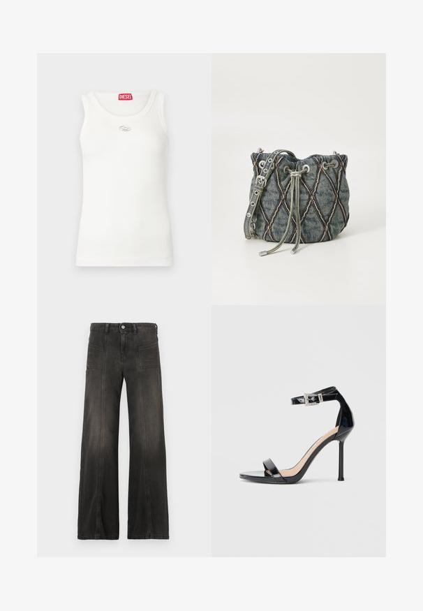 Débardeur blanc à texture côtelée, encolure ronde, sans manches et orné d'un logo argenté sur la poitrine. Étiquette de marque rouge au col.; Jean en denim noir à jambes larges avec une finition délavée, comprenant deux poches avant et des détails cousus le long des coutures. Conception taille haute.; Sandale à talon haut en cuir verni noir avec bride à la cheville. Présente un design minimaliste, un bout ouvert et une boucle ornée de strass.; Sac seau en denim avec un motif matelassé en diamant, cordon de serrage gris, accents en métal argenté et texture douce, doté d'une bandoulière amovible.