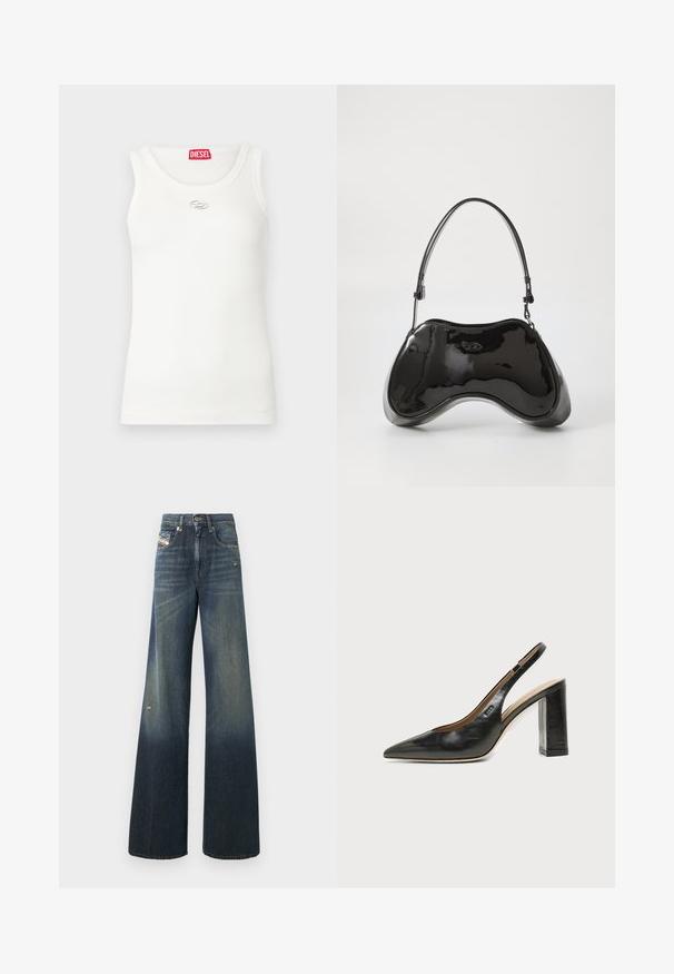 Débardeur blanc à texture côtelée, encolure ronde, sans manches et orné d'un logo argenté sur la poitrine. Étiquette de marque rouge au col.; Jean en denim à jambes larges de couleur bleu foncé avec une finition délavée, présentant un genou usé et un design classique à cinq poches avec une étiquette.; Chaussure slingback en cuir noir à bout pointu avec un talon bloc haut et une doublure intérieure beige sur un fond clair uni.; Sac à main en cuir verni noir avec une forme incurvée unique, une anse courte et ajustable, et une fermeture zippée. Texture lisse avec un branding discret.