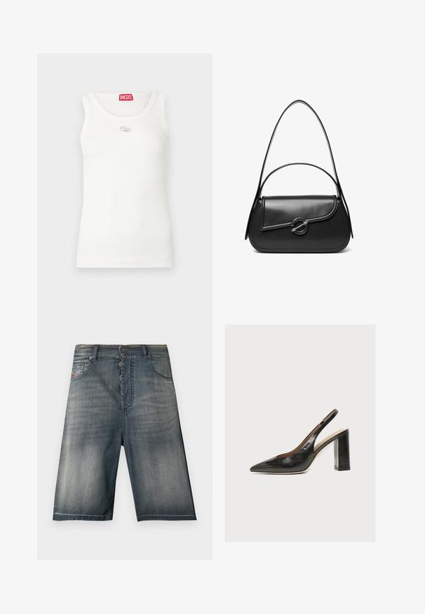 Débardeur blanc à texture côtelée, encolure ronde, sans manches et orné d'un logo argenté sur la poitrine. Étiquette de marque rouge au col.; Shorts en denim couleur bleu délavé, dotés d'un design à cinq poches, d'une fermeture à boutons et de détails de couture subtils.; Escarpin slingback en cuir noir pour femme avec bout pointu et talon bloc épais et haut sur fond blanc.; Sac à bandoulière en cuir noir avec un rabat incurvé fermé par un fermoir métallique rond et une sangle fine et ajustable.