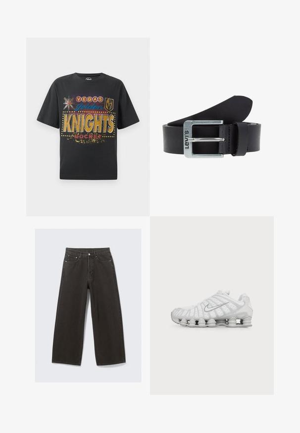 Zwarte katoenen T-shirt met "Vegas Golden Knights Hockey" print in gouden, blauwe en rode kleuren, met sterren- en schildiconen en gestippelde accenten.; Wijdbenige zwarte denim jeans hebben een hoge taille, vijf zakken en een knoopsluiting. De stof heeft een zachte, gestructureerde afwerking.; Witte Nike hardloopschoen met zichtbare luchtdempende zool en zilveren swoosh-logo aan de zijkant, gezien vanaf de buitenkant.; Zwarte leren riem met een zilveren metalen gesp; heeft een rechthoekig ontwerp met een reliëf "Levi's" logo op de gesp.