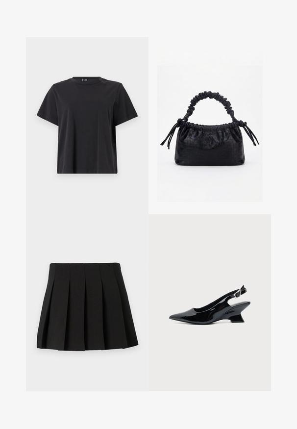 T-shirt noir à manches courtes avec un col rond, fabriqué en coton doux ; présente une coupe décontractée et une couleur unie sans motifs.; Jupe mini plissée noire avec un design structuré, fabriquée à partir d'un tissu lisse. Dispose d'une taille et de plis verticaux régulièrement espacés.; Chaussure slingback en cuir verni noir avec bout pointu et petit talon bloc incliné sur fond clair uni.; Sac à main noir avec texture crocodile, bord supérieur froncé, poignée plissée et pompons à cordon de chaque côté sur fond blanc.