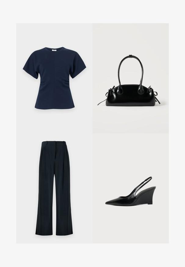 Haut pour femme à manches courtes bleu marine avec encolure ronde et léger froncé à la taille, présenté sur fond blanc uni.; Pantalon noir à jambes larges avec plis, passants pour ceinture et fermeture éclair à l'avant, présenté à plat sur fond blanc.; Chaussure compensée en cuir noir à bout pointu et bride arrière avec talon haut et fine sangle sur le talon, vue de profil.; Petit sac à main noir brillant avec deux longues anses et des détails à cordon sur les côtés sur un fond clair uni.