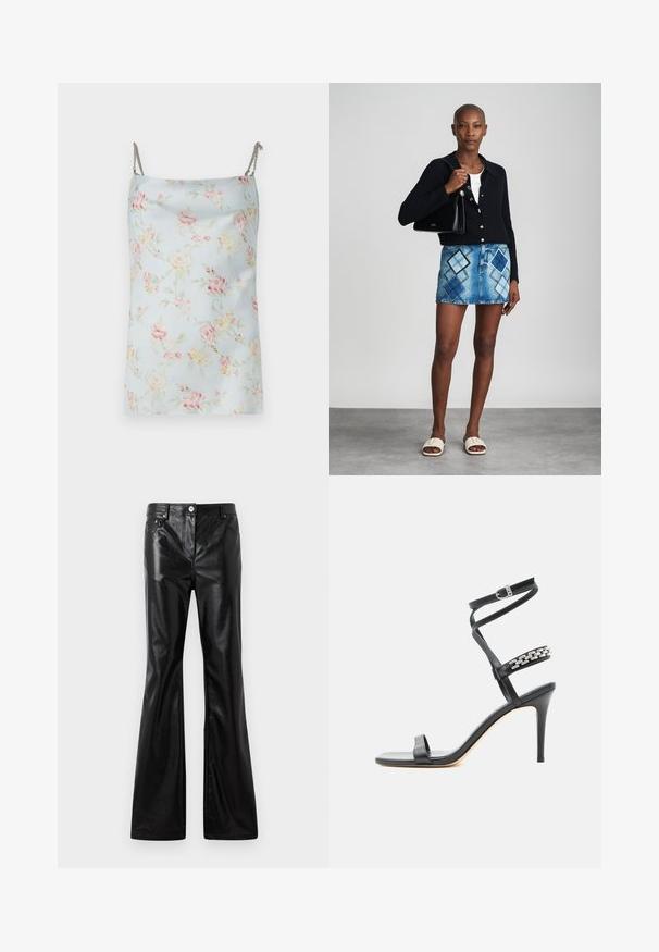 Rabanne Top - pink/blue/green/yellow; Rabanne Loose-jeans - black; Sort højhælet sandal med tynd ankelrem, midtfodsrem dekoreret med sølvkædeled og åben tå-design.; Sort striktrøje, hvid top, denimnederdel med blå og sort diamantmønster, sort håndtaske og beige slidesandaler.