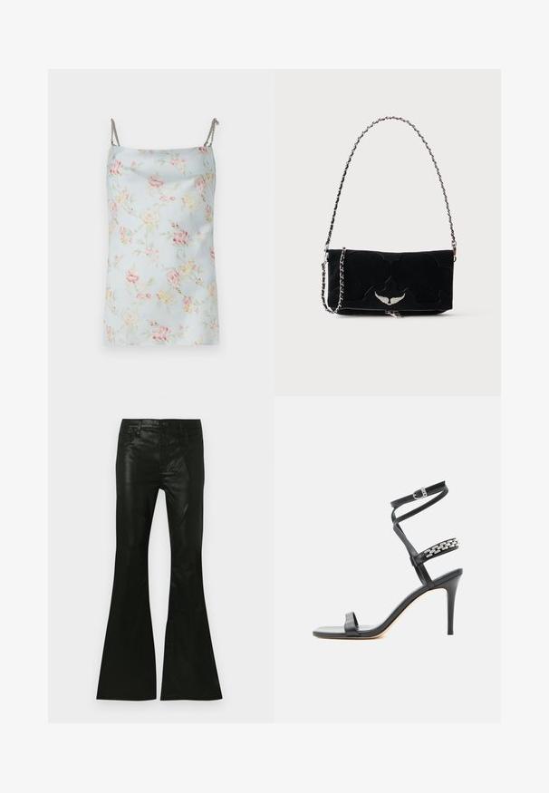 Rabanne Top - pink/blue/green/yellow; Čierne rozšírené nohavice z lesklého materiálu, s priliehavým pásom, dizajnom s piatimi vreckami a zapínaním na gombík vpredu.; Čierna sandála na vysokom opätku s úzkym remienkom okolo členka, remienkom v strede chodidla ozdobeným striebornými reťazovými článkami a otvorenou špičkou.; Čierna obdĺžniková kabelka so strieborným krídlovým emblémom vpredu a strieborným reťazovým remienkom na jednofarebnom pozadí.