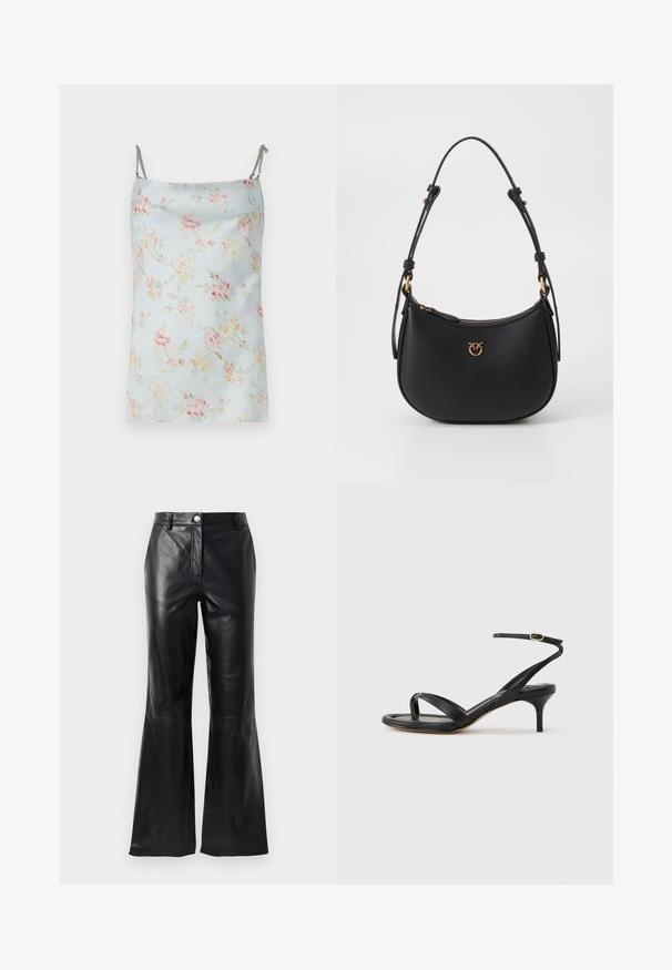 Rabanne Top - pink/blue/green/yellow; Pantalones de imitación cuero negro con una cintura alta, cierre de botón, presillas para cinturón y piernas acampanadas sobre un fondo blanco.; Sandalia negra de cuero para mujer con tiras finas, un lazo para el dedo del pie, hebilla en el tobillo y tacón de aguja de altura media sobre un fondo neutro.; Bolso de hombro de cuero negro con forma curva, herrajes dorados y cierre con cremallera. Presenta un logo decorativo en la parte frontal.