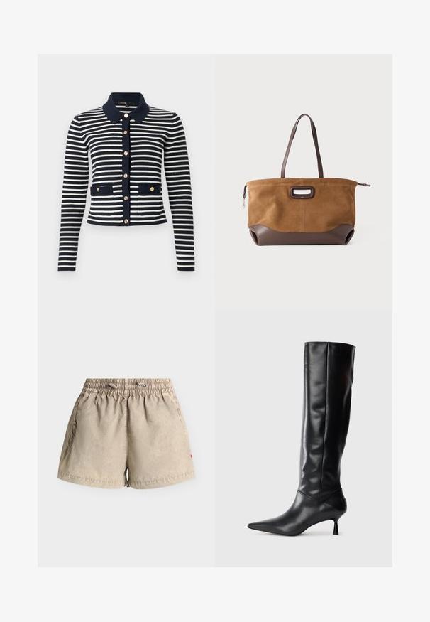 Cardigan en tricot à manches longues rayé bleu marine et blanc, avec des boutons dorés, un col bleu marine et deux poches avant ornées de boutons.; Shorts décontractés beiges avec taille élastique et cordon, dotés de poches latérales et d'une petite étiquette rouge sur le côté droit.; Botte en cuir noir hautes jusqu'au genou avec un bout pointu et un talon fin et courbé. Texture lisse, design ajusté, sans matériel ni motifs visibles.; Sac en daim marron avec des accents en cuir marron foncé, forme rectangulaire, double poignées, et un détail de découpe ovale à l'avant. Fermeture éclair.