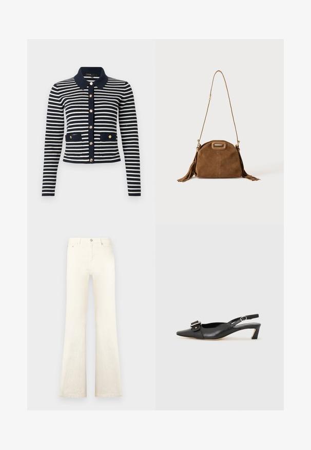 Cardigan en tricot à manches longues rayé bleu marine et blanc, avec des boutons dorés, un col bleu marine et deux poches avant ornées de boutons.; Jean en denim blanc évasé avec taille haute, doté de poches avant et d'une fermeture à bouton, texture lisse et détails de couture soignés.; Chaussure slingback en cuir noir avec un bout pointu, un petit talon et un détail de boucle décoratif sur le dessus. Texture lisse, design minimaliste.; Sac à épaule en daim marron avec une longue bandoulière, une découpe rectangulaire de la poignée et des détails à pompons sur les côtés sur fond blanc.