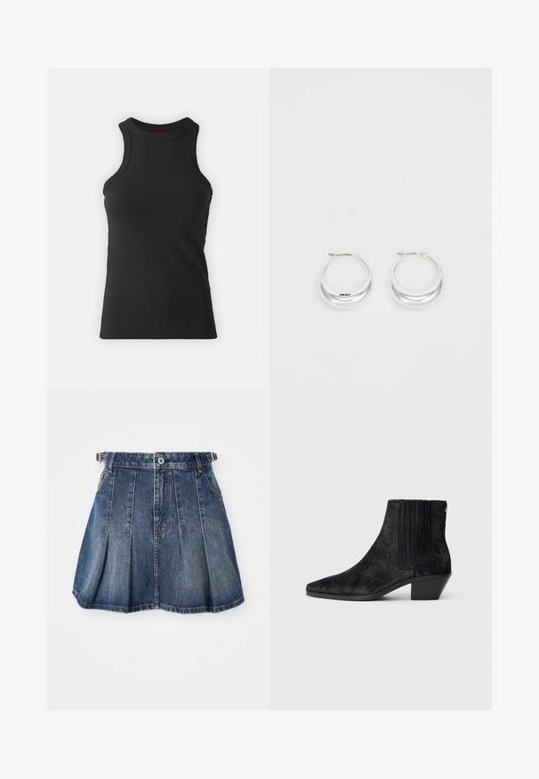 Débardeur sans manches noir en tissu extensible. Présente un col rond et une silhouette ajustée avec des détails de couture minimaux.; Jupe en denim avec un lavage bleu foncé, design plissé, fermeture à boutons et passants de ceinture. Présente des accents de couture subtils et des poches latérales.; Bottine noire à bout pointu, en matériau texturé imitant les cheveux, avec un panneau latéral à nervures et un petit talon carré. Un design simple et moderne.; Boucles d'oreilles en argent avec une finition polie et un branding DKNY, présentées sur un fond blanc uni.