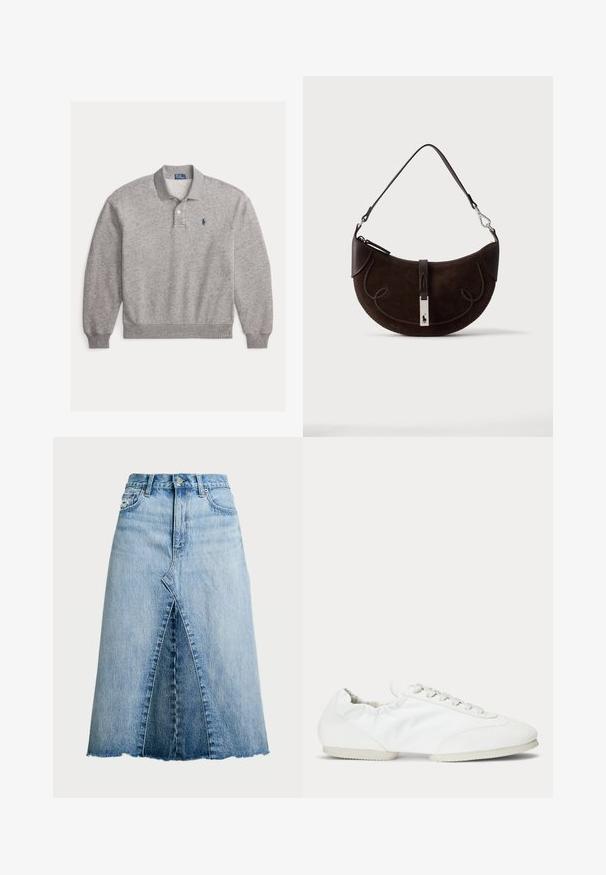 Polo manches longues gris clair avec poignets côtelés, patte à deux boutons et petit logo brodé bleu marine sur la poitrine gauche.; Polo Ralph Lauren PANELED DENIM A LINE SKIRT - Jupe trapèze - lindale wash; Basket blanche profil bas avec lacets, panneau latéral en tissu lisse et semelle souple et flexible.; Sac à main en daim brun foncé en forme de croissant avec bordure tressée, bandoulière en cuir et fermoir argenté avec un petit logo cheval.