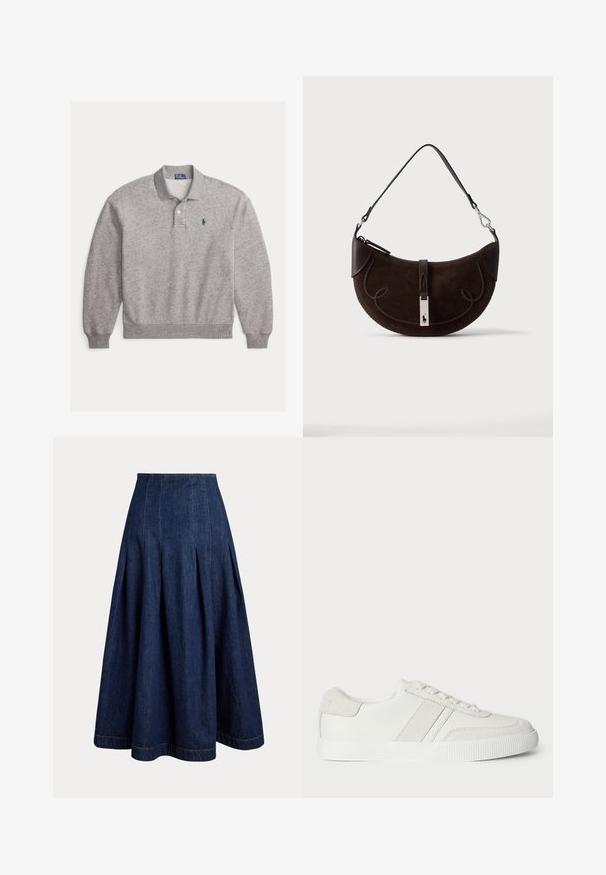 Polo de manga larga color gris claro con puños acanalados, tapeta con dos botones y pequeño logo bordado en azul marino en el pecho izquierdo.; Falda vaquera de talle alto en azul oscuro con forma amplia en línea A y costuras verticales visibles y plisados.; Zapatilla blanca con parte superior de cuero liso, acentos de ante y cordones planos. Presenta una suela de goma texturizada y un diseño minimalista.; Bolso de ante de color marrón oscuro en forma de media luna con ribete trenzado, correa de cuero y un cierre plateado con un pequeño logo de caballo.