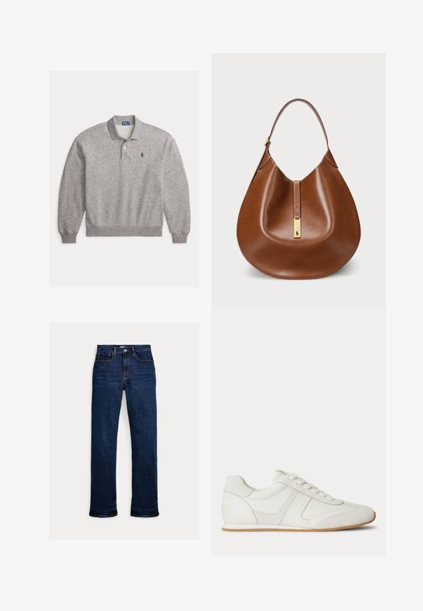 Lysegrå langærmet poloshirt med ribmanchetter, to-knaps stolpe og lille marineblåt broderet logo på venstre bryst.; Mørkeblå straight-leg jeans med frontknap og lynlås, fem-lomme design og synlige syninger.; Hvid lavtop sneaker med snørelukning foran, ruskind- og læderpaneler og en lysebrun gummisål på en hvid baggrund.; Brun læder hobo taske med en glat tekstur, buet form, hardware i guld-tone og en central flap med logo detaljer.