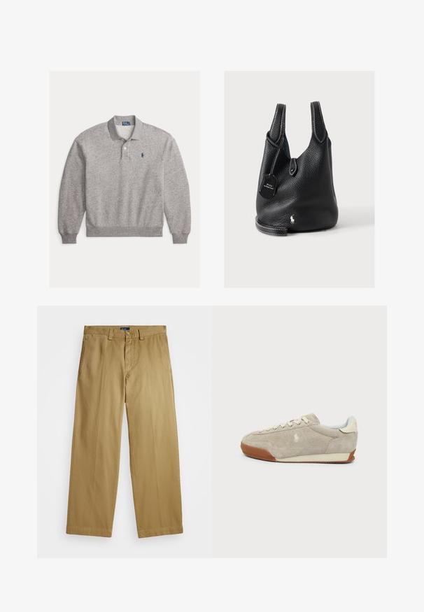 Lysegrå langærmet poloshirt med ribmanchetter, to-knaps stolpe og lille marineblåt broderet logo på venstre bryst.; Polo Ralph Lauren COTTON CHINO STRAIGHT LEG TROUSER - Chino - khaki; Beige ruskind sneaker med hvide snørebånd, brun gummisål og lille broderet logo på siden, set fra ydersiden.; Sort struktureret lædertaske med dobbelte håndtag, Polo by Ralph Lauren mærkat, hvide syninger og lille hvid hestelogo nær bunden.