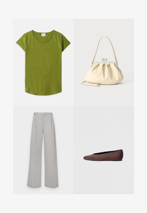 T-shirt vert à manches courtes en tissu doux. Présente un col rond et une coupe décontractée. Design épuré sans motifs ni accents visibles.; Pantalons large gris clair avec des rayures verticales blanches, comportant un pli avant et une taille plate. Fabriqués en tissu lisse.; Ballerines en tissu marron avec un bout pointu et une texture lisse, dotées d'un talon bas et d'une fine semelle noire. Aucune motif ni élément métallique visible.; Sac à main en cuir souple couleur crème avec un design froncé, fermoir cadre argenté, poignée courte et bandoulière chaîne amovible.