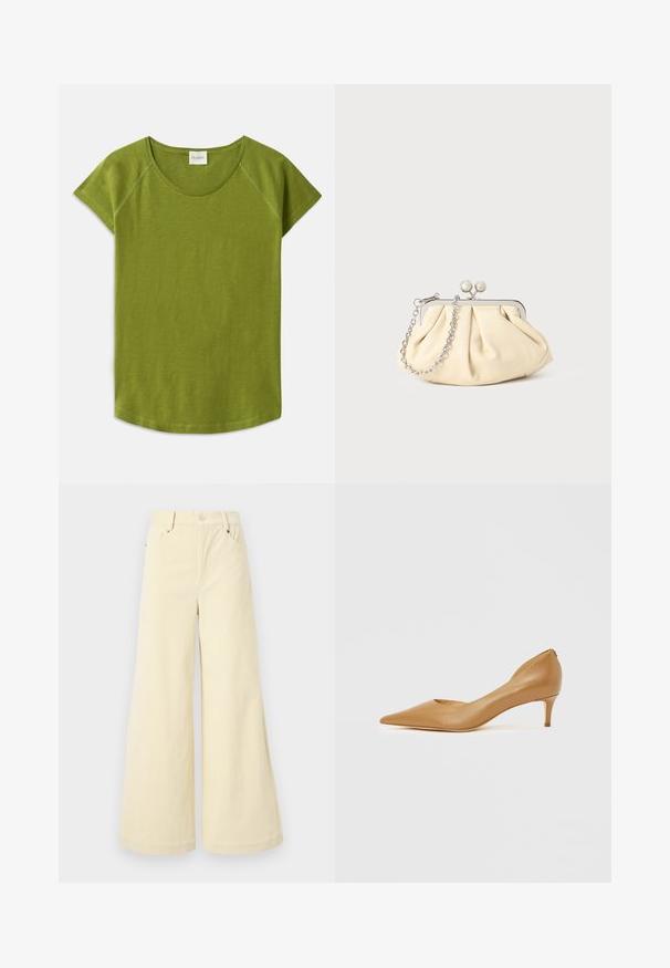 Groene t-shirt met korte mouwen, gemaakt van zachte stof. Heeft een ronde halslijn en een relaxte pasvorm. Eenvoudig ontwerp zonder zichtbare patronen of accenten.; Wijduitlopende broeken van zacht beige stof met een textuurafwerking, voorzien van zijzakken, riemlussen en een enkele knoopsluiting.; Tan bruine leren pump met spitse neus en een kleine hak, voorzien van een uitgesneden ontwerp aan de zijkant voor extra detail en een gladde textuur.; Geplooide beige leren clutch met een zilveren metalen frame, voorzien van twee ronde decoratieve sluitingen en een zilveren kettingriem.