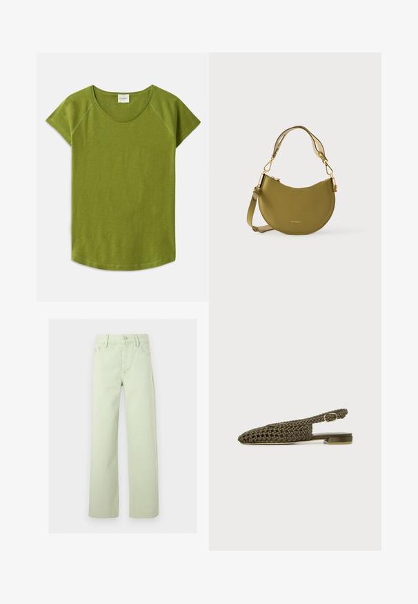 Groene t-shirt met korte mouwen, gemaakt van zachte stof. Heeft een ronde halslijn en een relaxte pasvorm. Eenvoudig ontwerp zonder zichtbare patronen of accenten.; Lichtgroene jeans met hoge taille en rechte pijpen, voorzien van een knoopsluiting aan de voorkant, ritssluiting, riemlussen en vijfzakkenontwerp.; Olivengroene geweven platte slingback schoen met kleine gouden gesp en vierkante hak op witte achtergrond.; Groene leren schoudertas met een gebogen vorm, voorzien van een goudkleurige gesp en verstelbare riem. Gladde textuur met geperste logodetails.