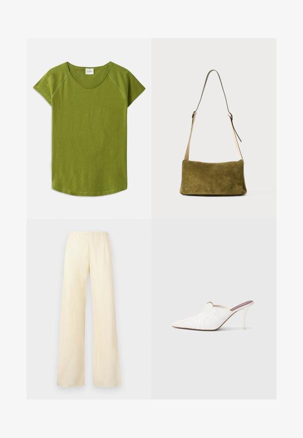 T-shirt vert à manches courtes en tissu doux. Présente un col rond et une coupe décontractée. Design épuré sans motifs ni accents visibles.; Pantalons larges en coton jaune clair. Présente une taille élastique et une texture lisse, sans poches visibles ni embellissements.; Mules blanches à bout pointu, texture plissée sur le dessus, et talon stiletto fin. Surface lisse et design minimaliste.; Sac à épaule en suède vert olive avec une forme rectangulaire lisse. Dispose d'une longue sangle en cuir ajustable et de matériel minimal.