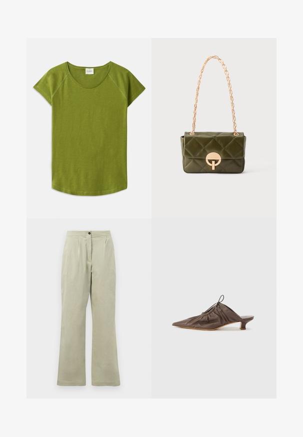 T-shirt vert à manches courtes en tissu doux. Présente un col rond et une coupe décontractée. Design épuré sans motifs ni accents visibles.; Pantalons larges vert clair en tissu doux, dotés d'une fermeture à bouton à l'avant, de plis et d'un ourlet net.; Mule en cuir marron avec un bout pointu, texture froncée, petit talon et un accent de cordon de serrage à l'ouverture. Fini lisse.; Petit sac à main en cuir vert olive matelassé avec anse chaîne dorée et fermoir circulaire doré sur le rabat avant.