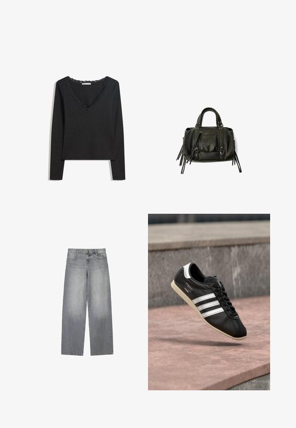 Sort langærmet top lavet af blødt stof. Har en dyb V-hals med scallop-besat kant og en tætsiddende silhuet. Ingen synlige mønstre.; Bredde-grå denim jeans med en let falmet finish, der har fem lommer, lukning med knap foran og bæltestropper.; Sort lædersneaker med hvide striber og sål, snøret, svævende over en rosa betonoverflade med en grå stenvæg i baggrunden.; Sort læderhåndtaske med flettede håndtag, lynlåslomme og hængende frynser. Tekstureret overflade med metalnitter og hardware-accenter.